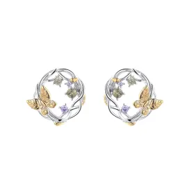 14K Gold Two-Tone Floral and Gemstone Earrings