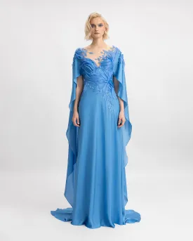Embroidered Dress with Ruffled Cape-Like Sleeves