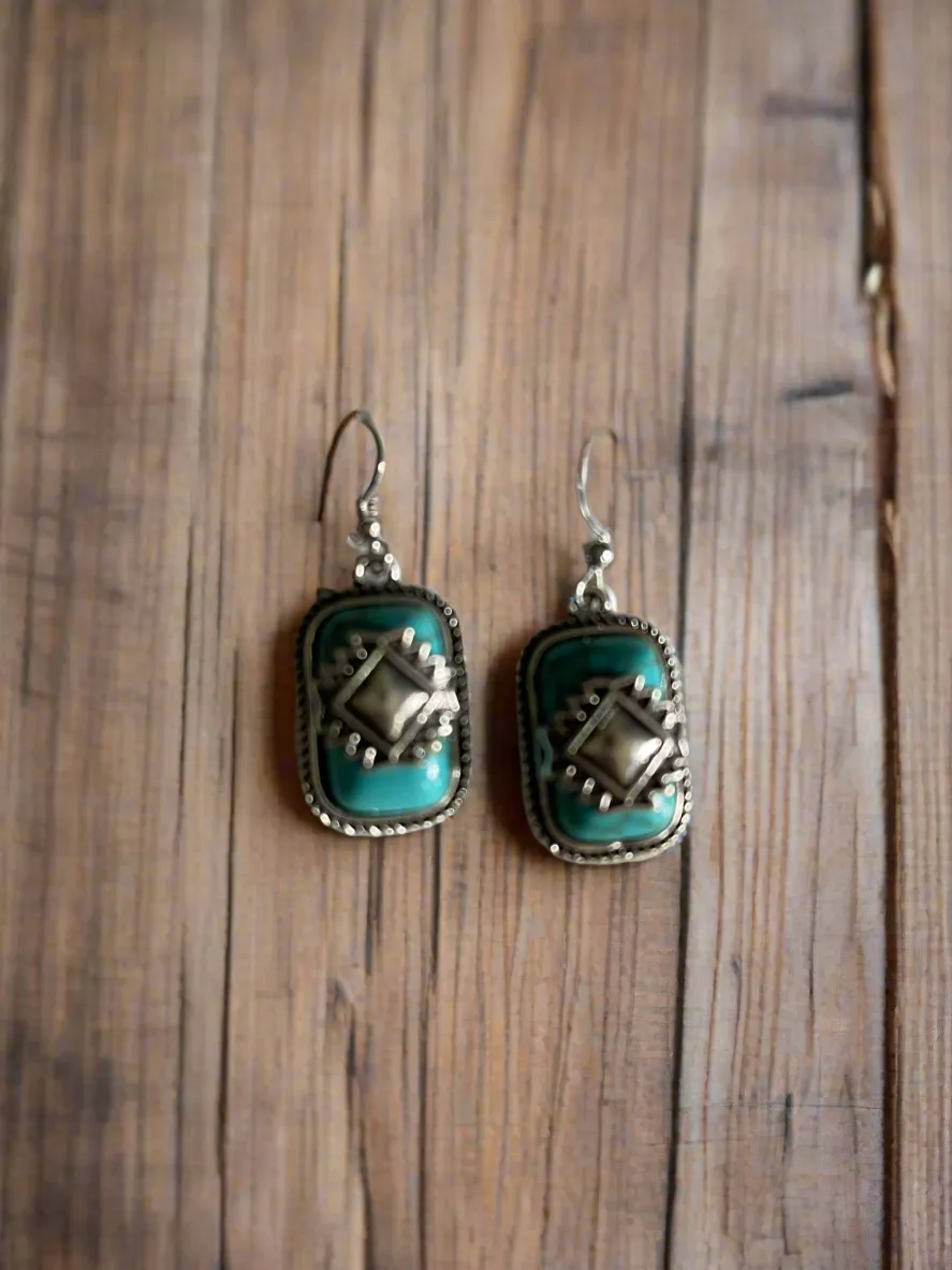 Rectangle Silver Aztec Earrings
