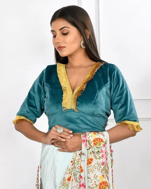 Teal  Velvet Crop Top Style Blouse