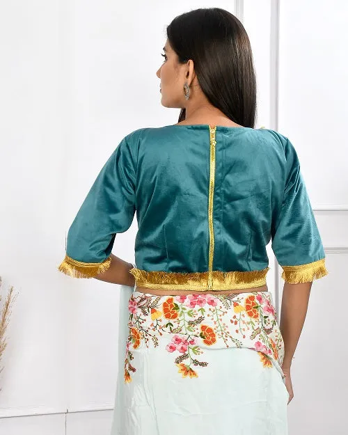 Teal  Velvet Crop Top Style Blouse
